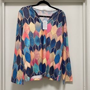 NWT: multi colored long sleeve. Looks like gem stone pattern. Cotton and rayon.
